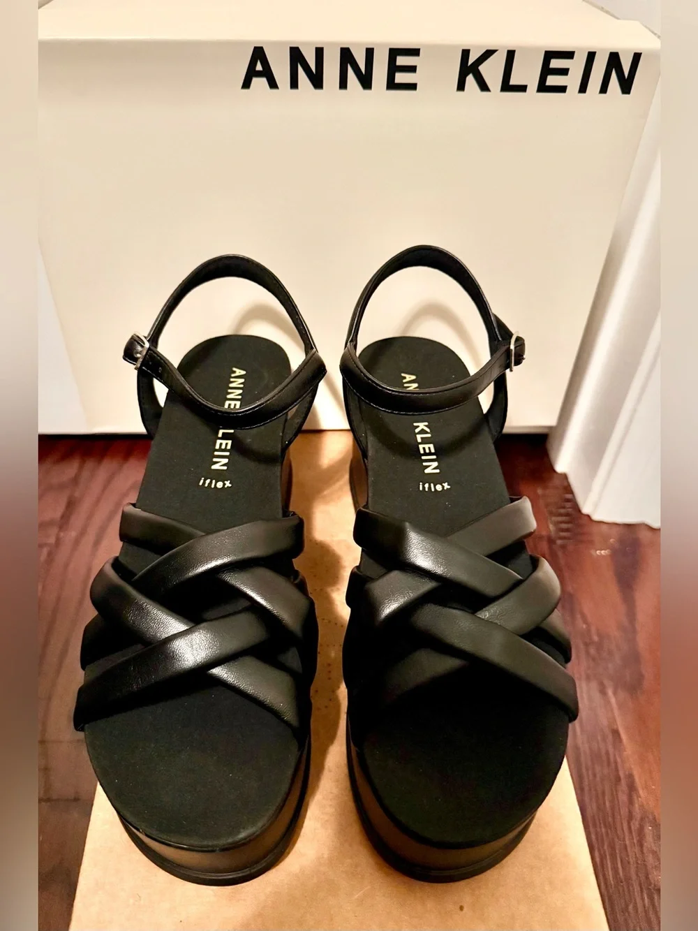 Anne Klein iFlex Black Strappy Platform Wedges ~ SZ. 8M (NWB)